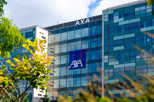 Nanterre, France - July 29, 2021: Exterior view of the building housing the headquarters of Axa, an international French group specializing in insurance and asset management