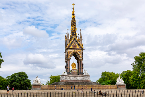 London, England - July 27, 2021: Tourists And Locals Enjoy A Day At The Park By The Albert Memorial In Kensington Gardens.