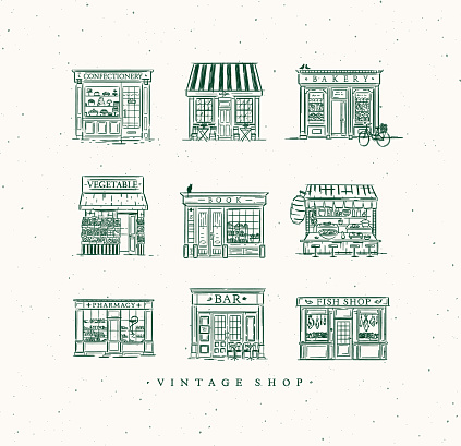Set of cafe and shops confectionery, coffee, bakery, vegetable, book, Asian food, pharmacy, bar, fish drawing in vintage style with green lines