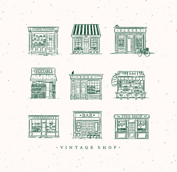 Set vintage cafe and shops green Set of cafe and shops confectionery, coffee, bakery, vegetable, book, Asian food, pharmacy, bar, fish drawing in vintage style with green lines victorian house stock illustrations