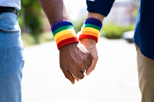 Gay Couple Holding Hands. LGBTQ Flag. LGBT Life