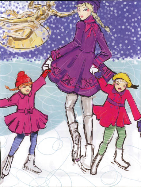 Fashion model at ice skating rink with two children at Rockefeller Center New York City. Fashion model women with two children at the ice skating rink at Rockefeller Center New York City. The iconic Prometheus statue is in the background as the colorfully outfitted women and adorable children get are stepping on to the ice skating rink. rockefeller center illustration stock illustrations