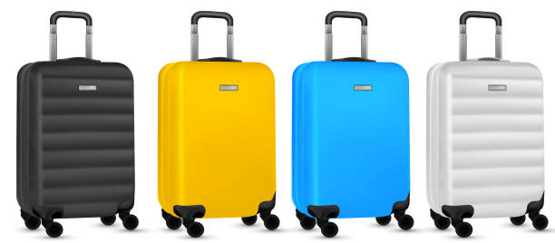 istock Bag travel. Colorful travel plastic suitcase or vacation baggage bag collection isolated on white background. Copy space of summer vacation and business travel concept. 1331626217