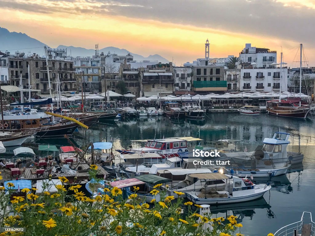 View of a port in Kyrenia/Girne during a sunny summer day, Cyprus Bay of Water Stock Photo