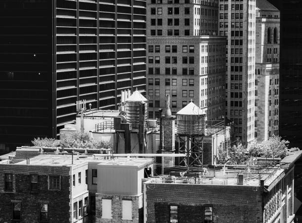manhattan arquitetura diversificada com torres de água em um telhado, nova york, eua. - new york city black and white city looking at view - fotografias e filmes do acervo