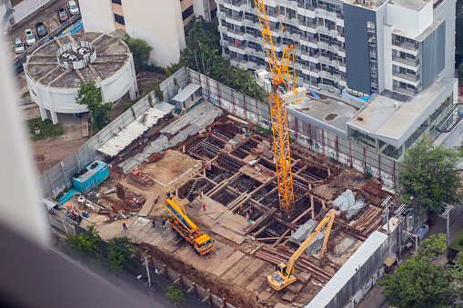 Construction site. Metal frame structures. Fragment.