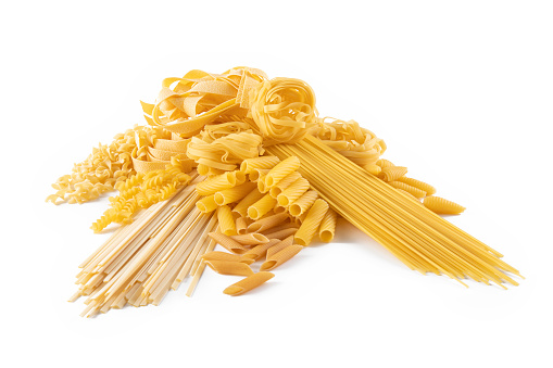 Variation of different pasta isolated on white background