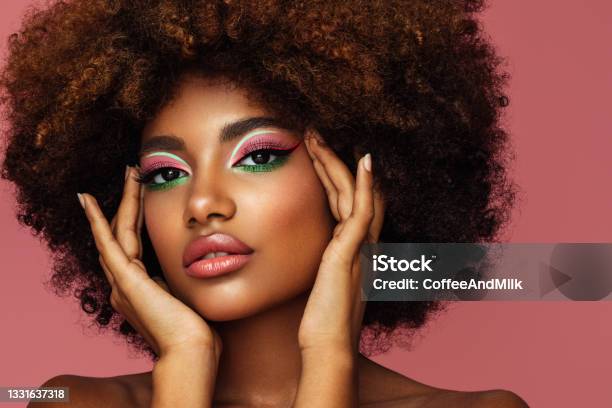Portrait Of Young Afro Woman With Bright Makeup Stock Photo - Download Image Now - Make-Up, Ceremonial Make-Up, Stage Make-Up