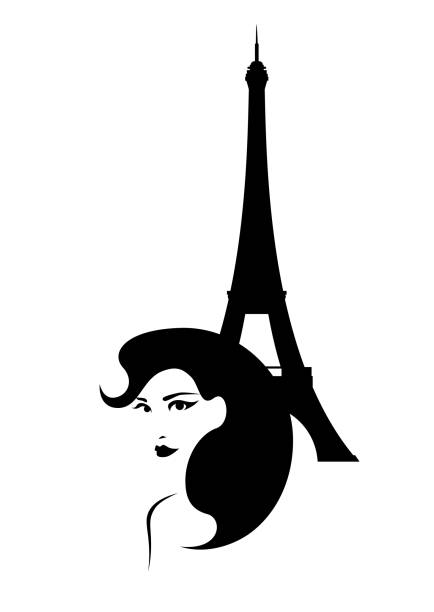 french style elegant woman and eiffel tower vector silhouette portrait beautiful elegant woman with gorgeous hairstyle and eiffel tower behind - fashion girl travel in Paris vector black and white portrait haute couture stock illustrations