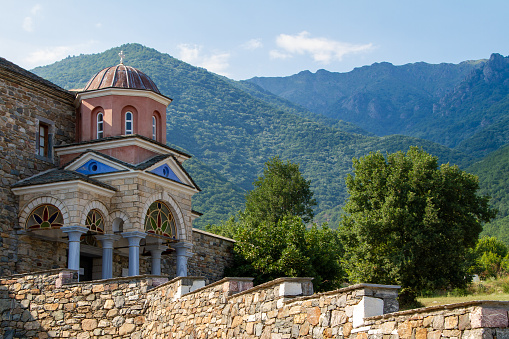 Greece, July 13, 2021. The Monastery of Timios Prodormos was built in 1981 on the architectural model of the Abbey of Xenophontos of Athos.