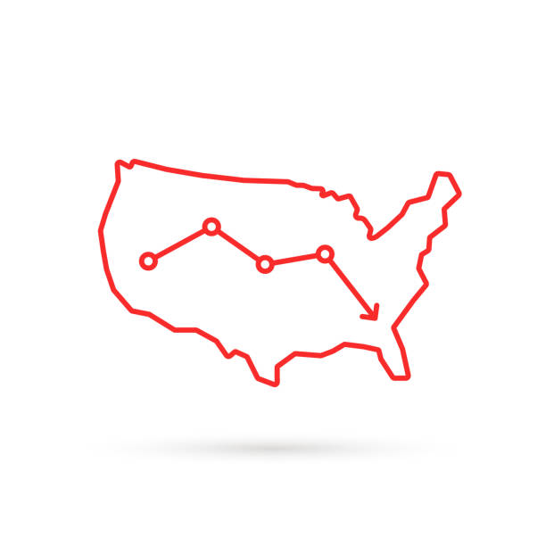 decline population or economy with map decline population or economy with map. stroke flat style trend modern linear risk graphic art design element isolated on white background. concept of business downfall and finance panic united states map outline stock illustrations