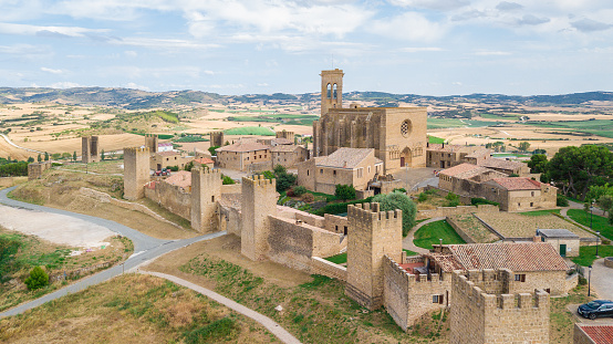 artajona, Spain. 20th july 2021: aerial view of artajona citadel, Spain