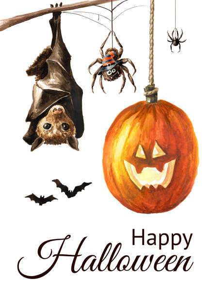 Happy Halloween card. Hand drawn watercolor illustration, isolated on white background Happy Halloween card. Hand drawn watercolor illustration, isolated on white background halloween pumpkin human face candlelight stock illustrations