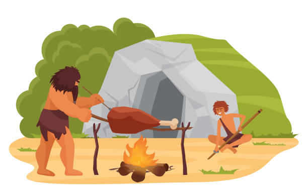 Primitive neanderthal people cooking food near cave, prehistoric stone age scene Primitive neanderthal people cooking food near cave vector illustration. Cartoon prehistoric stone age scene with caveman tribe group of characters sitting by fire to cook meat isolated on white paleo stock illustrations
