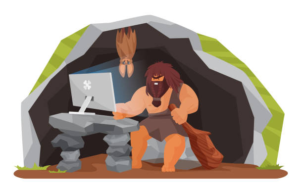 先史時代の洞窟でコンピュータを使用して古代の洞窟人、pcと座って石器時代の野生の男 - business men humor macho点のイラスト素材／クリップアート素材／マンガ素材／アイコン素材