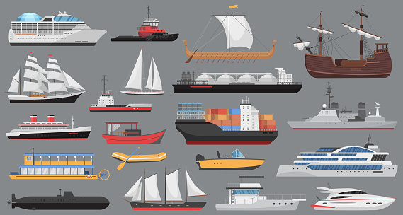 Ship set, sea ocean transport vector illustration. Cartoon ship collection with vessel boat, sailboat yacht, cruise liner, marine cargo freight delivery with containers isolated on grey background