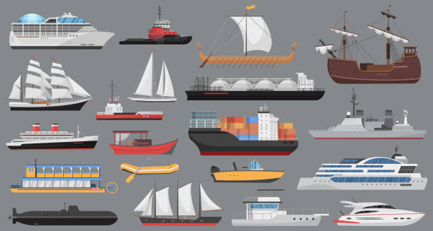 Ship set, sea ocean transport, vessel boat, sailboat yacht, cruise liner, marine cargo Ship set, sea ocean transport vector illustration. Cartoon ship collection with vessel boat, sailboat yacht, cruise liner, marine cargo freight delivery with containers isolated on grey background freight liner stock illustrations