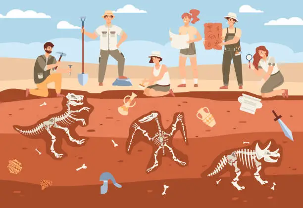 Vector illustration of Scene with male, female cartoon characters archaeologists working on excavation