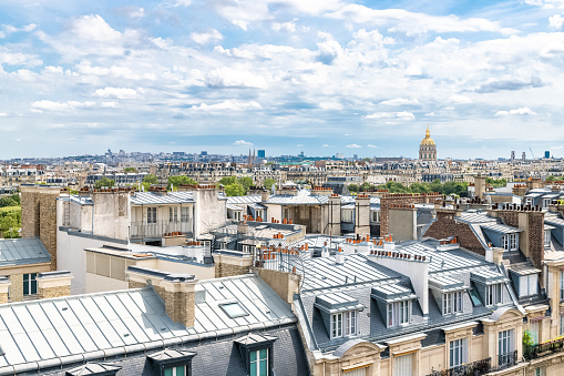 Paris, aerial view of the city, with the Invalides dome in background