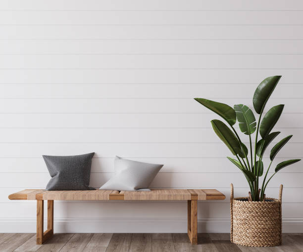 white wall mockup in white coastal home design