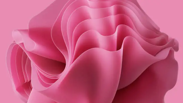 Photo of 3d render, abstract background with pink layered ruffles, wavy fashion wallpaper with folds and layers