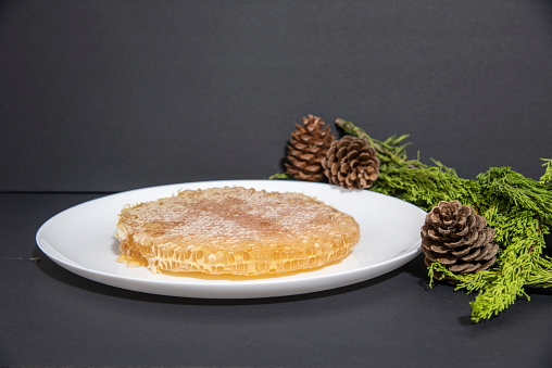 Honeycomb on plate with pine cone and pine