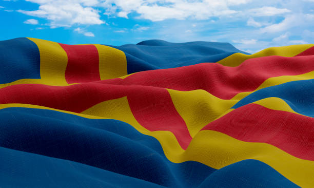 Aland Islands flag in the wind. Realistic and wavy fabric flag. 3D rendering. Aland Islands flag in the wind. Realistic and wavy fabric flag. 3D rendering. åland islands stock pictures, royalty-free photos & images