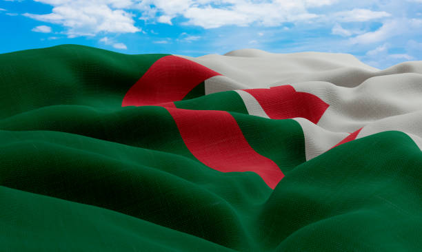 bandeira argelina ao vento. bandeira de tecido realista e ondulada. renderização 3d. - algerian currency - fotografias e filmes do acervo