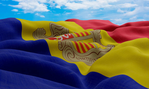 Andorra flag in the wind. Realistic and wavy fabric flag. 3D rendering. Andorra flag in the wind. Realistic and wavy fabric flag. 3D rendering. andorra stock pictures, royalty-free photos & images