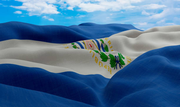 el salvador flag in the wind. realistic and wavy fabric flag. 3d rendering. - salvadoran flag imagens e fotografias de stock