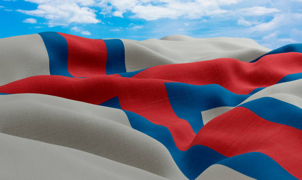 Faroe Islands flag in the wind. Realistic and wavy fabric flag. 3D rendering.