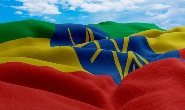 istock Ethiopia flag in the wind. Realistic and wavy fabric flag. 3D rendering. 1331662486