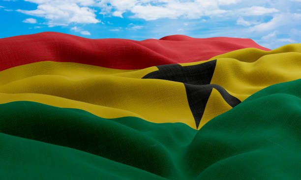 Ghana flag in the wind. Realistic and wavy fabric flag. 3D rendering.