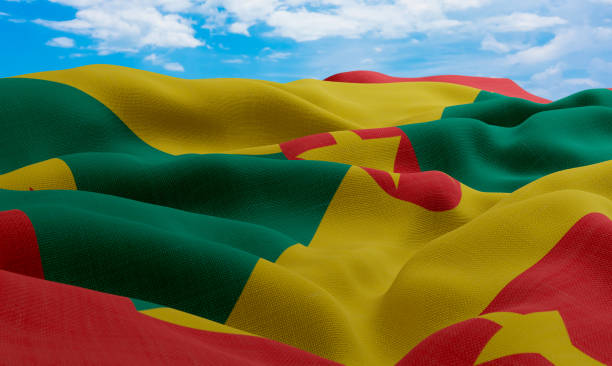 istock Grenada flag in the wind. Realistic and wavy fabric flag. 3D rendering. 1331662544