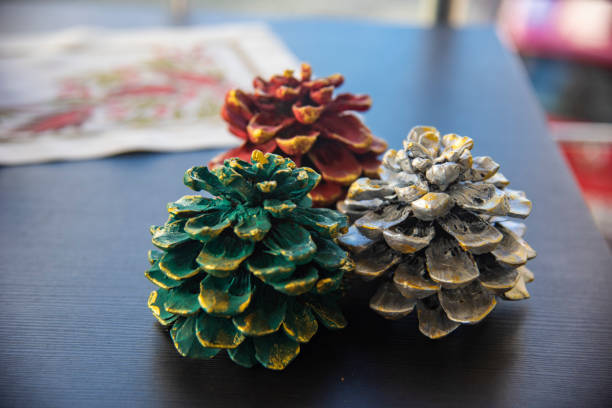 装飾付きの多色パインコーン - brown pine cone seed plant ストックフォトと画像