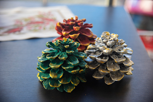 Multicolored Pine cones with decoration