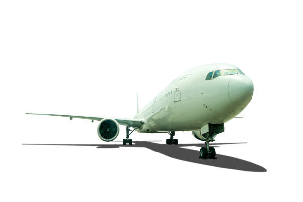 istock Front view passenger aircraft or cargo airplane parking on ground with shadow isolated on white background with clipping path 1331670326