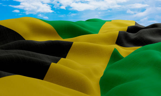 istock Jamaica flag in the wind. Realistic and wavy fabric flag. 3D rendering. 1331672554