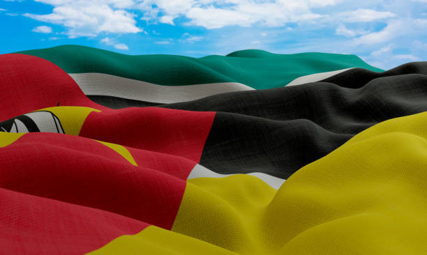 istock Mozambique flag in the wind. Realistic and wavy fabric flag. 3D rendering. 1331673126