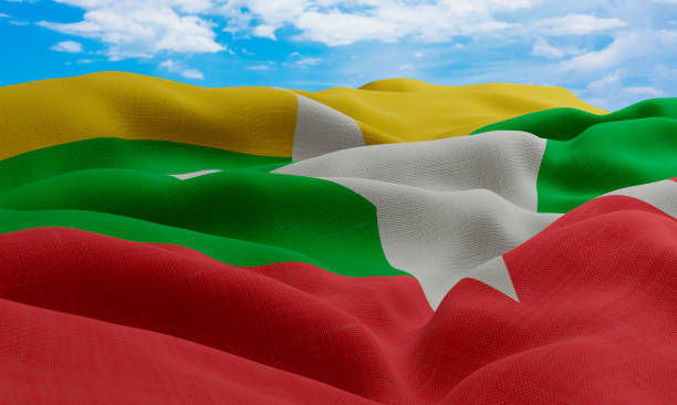 istock Myanmar or Burma flag in the wind. Realistic and wavy fabric flag. 3D rendering. 1331673166