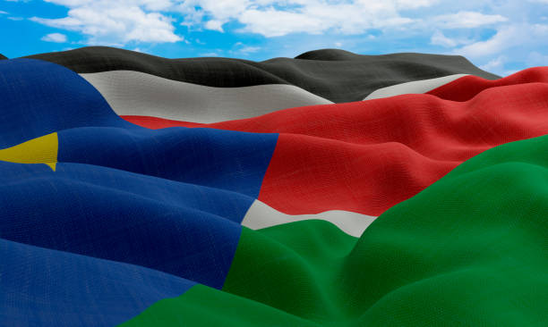 istock South Sudan flag in the wind. Realistic and wavy fabric flag. 3D rendering. 1331673285