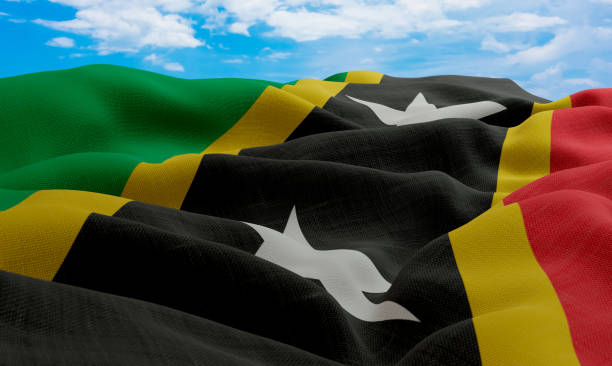 istock Saint Kitts and Nevis flag in the wind. Realistic and wavy fabric flag. 3D rendering. 1331673288