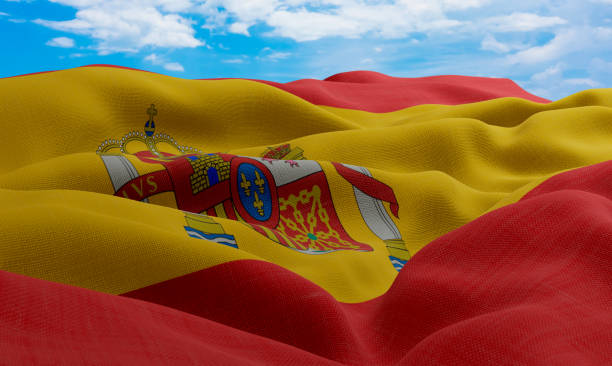 istock Spain flag in the wind. Realistic and wavy fabric flag. 3D rendering. 1331673311