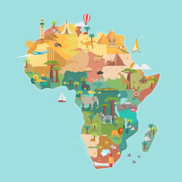 Africa tourist map Africa tourist map with famous landmarks. Vector illustration. czech lion stock illustrations