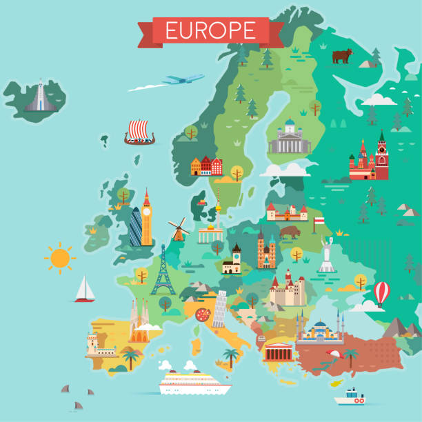 ilustraciones, imágenes clip art, dibujos animados e iconos de stock de mapa de europa. - european culture europe national flag flag