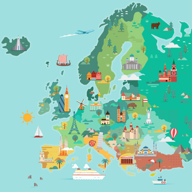 Map of Europe. Map of Europe. Tourist map. Flat style illustration europe map czech republic with flag stock illustrations