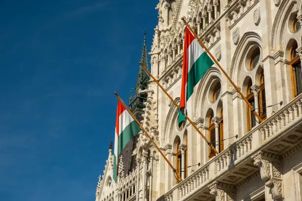 Photo of Hungarian flags on the Hungarian Parliament Building or Parliament of Budapest, a landmark and popular tourist destination in Budapest, Hungary