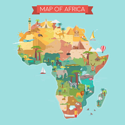 Africa tourist map with famous landmarks. Vector illustration.
