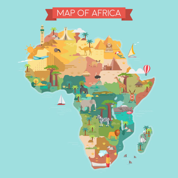 Africa tourist map with famous landmarks. Africa tourist map with famous landmarks. Vector illustration. czech lion stock illustrations