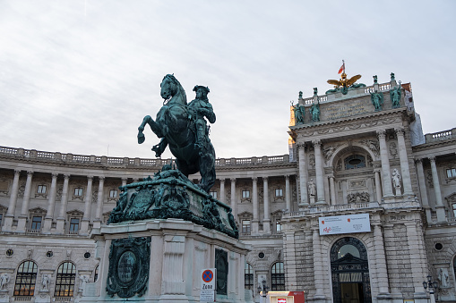 Vienna, Austria - October 10, 2019: statue of Prince Eugen in front of Hofburg Palace in Vienna, Austria.